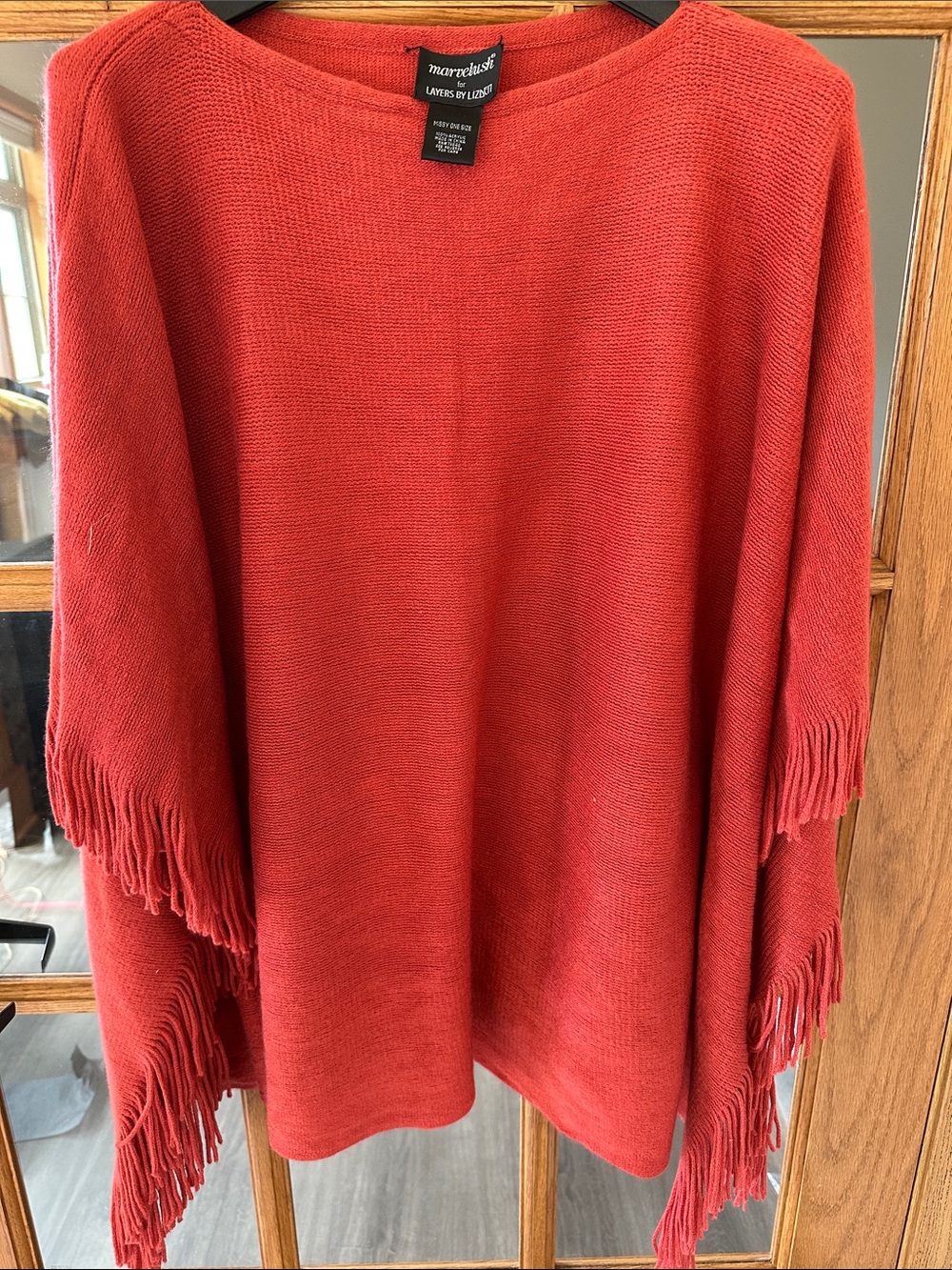Marvellini Women's Red Fringe Poncho Sweater